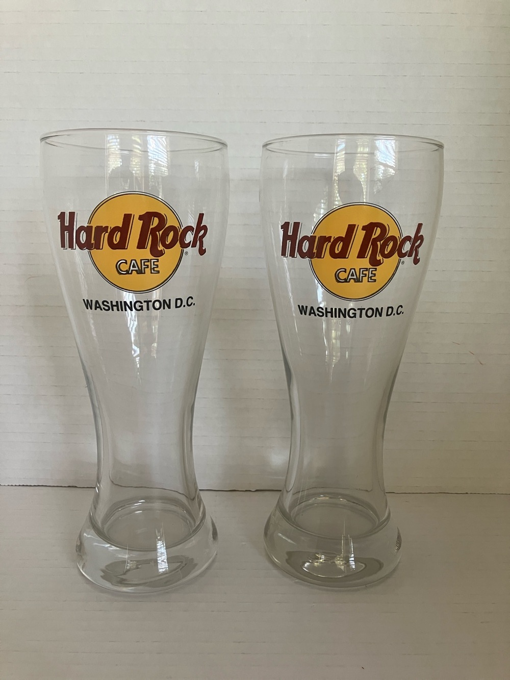 2 Hard Rock Cafe Clear Pint Glasses with Yellow and Brown Logo - Washington D.C.